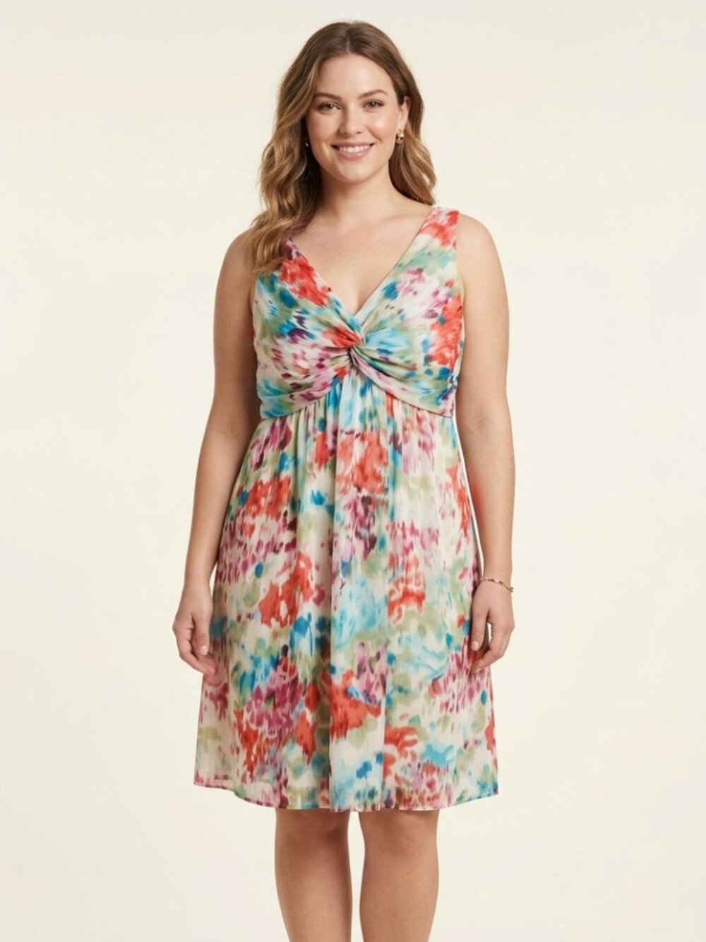 Colorful Watercolor Impressionist Twist-Front Empire Sundress Size 12 Dopamine